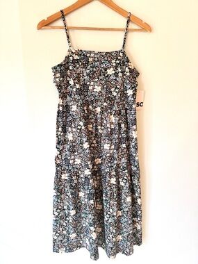 SO Black Floral Spaghetti Strap Midi Dress with White, Blue & Brown Flowers